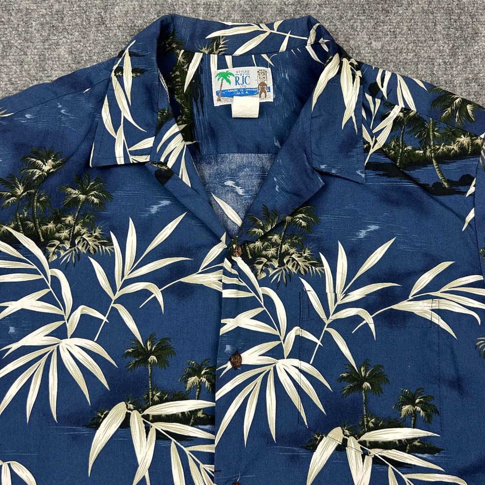 RJC Hawaiian Shirt Men XL Blue Tropical Palm Tree Island Camp Aloha USA Made Vtg